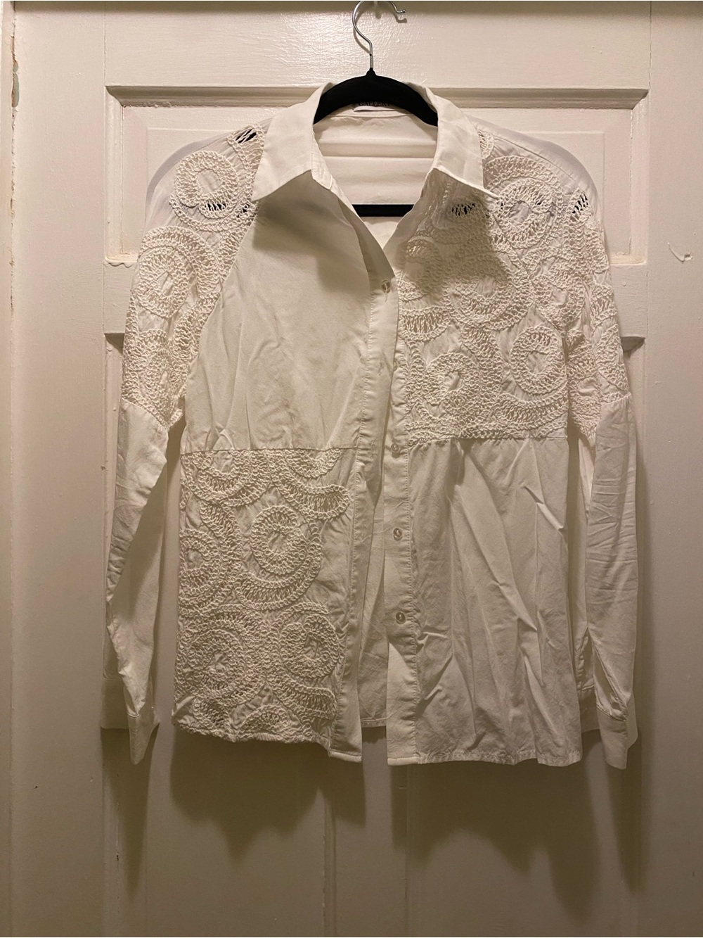 Gallery White Crochet-Panel Button Down Shirt